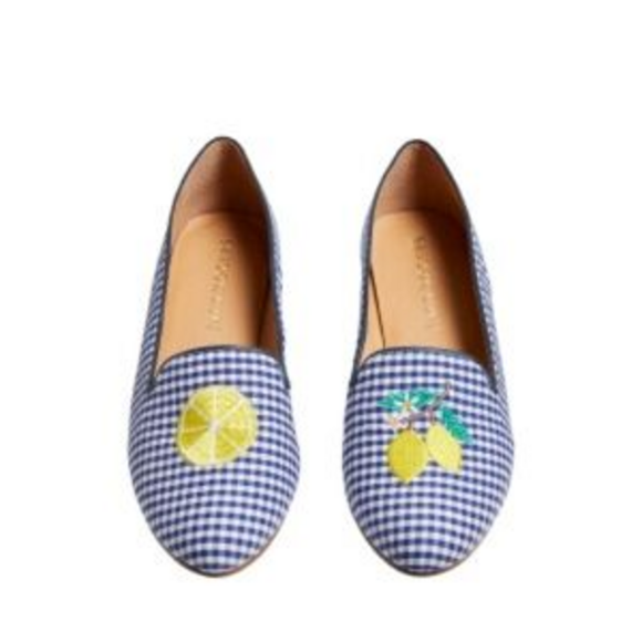 Jack Rogers Gingham Embroidered Lemon Loafers Size 7 in Blue - Picture 1 of 5